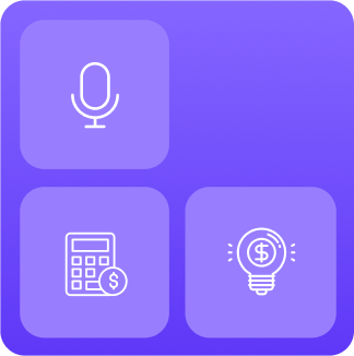 A photo grid of icons showing microphone, calculator and a bulb.